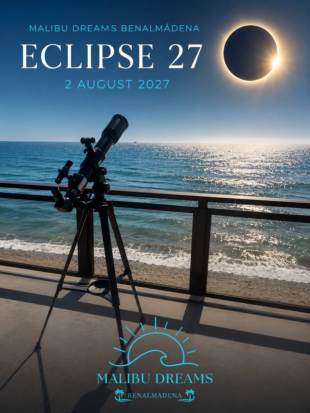 Telescope on the private sea-view terrace of Malibu Dreams Benalmádena, with the eclipse above the Mediterranean